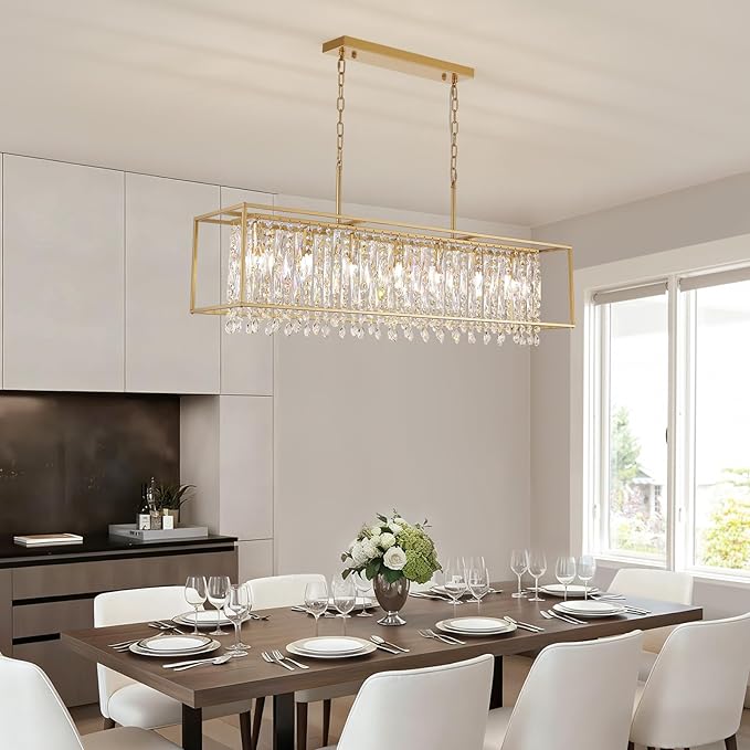 Siljoy Modern Crystal Chandelier, 7 Lights Rectangular Gold K9 Crystal Raindrop Chandelier, Luxury Rectangle Chandelier Light Fixture for Dining Room Living Room Kitchen Island L47'' x W11'' x H12''