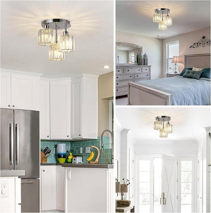 PAUFUL Semi Flush Mount Ceiling Light,3-Light Modern Close to Ceiling Light Fixtures,Kitchen Light with Clear Crystal Shades, Hallway Light Fixtures for Kitchen Entryway Bedroom Bathroom Foyer