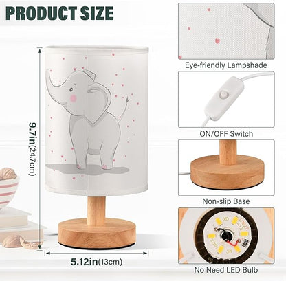 Table Lamp Cute Elephant Baby with Love Heart Valentines Day White Nightstand Lamp with Wood Base Fabric Lamp Shade Bedside Desk Lamp for Living Room Bedroom Kids Room Office