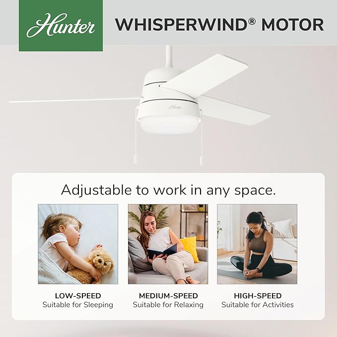 Hunter 52 inch Indoor Ceiling Fan with LED Light and Pull Chain - White Modern Ceiling Fan, Standard Mount, 3 Blades, For Bedroom, Living Room, or Kitchen, Quiet - Aker 50378, Fresh White