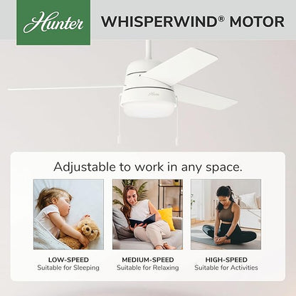 Hunter 52 inch Indoor Ceiling Fan with LED Light and Pull Chain - White Modern Ceiling Fan, Standard Mount, 3 Blades, For Bedroom, Living Room, or Kitchen, Quiet - Aker 50378, Fresh White