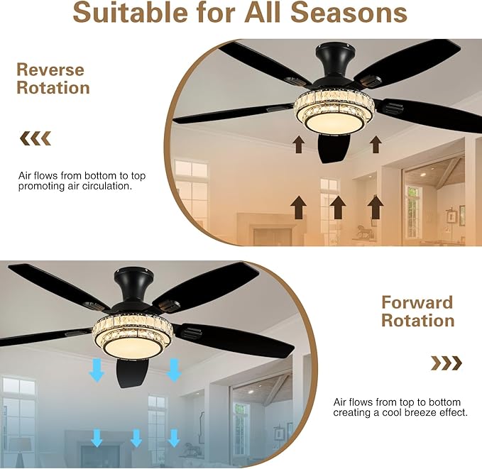 Ceiling Fans with Lights - Crystal Ceiling Fan, 52" Low Profile and Remote Control, Flush Mount, Reversible, 3CCT, Dimmable, Noiseless, Black Ceiling Fan for Bedroom