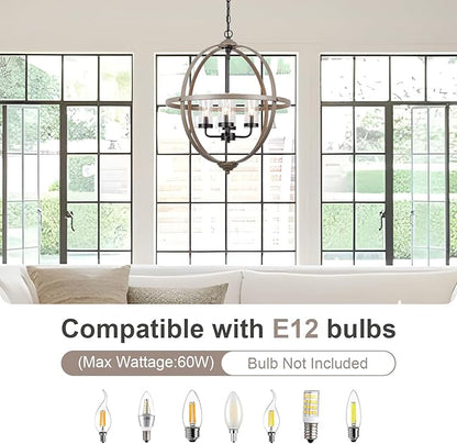 Farmhouse Chandelier, 17" Industrial Rustic Globe Sphere Orb Chandelier Wood Grain, 4-Light for Dining Room Entryway Kitchen Island Foyer