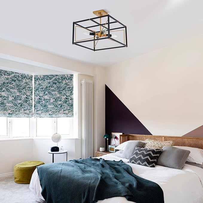 Industrial Semi Flush Mount Ceiling Light, Antique Brass Brush Paint and Black Finish Cage Mini Chandelier Mid Century for Porch Hallway Kitchen Bedroom Balcony 4-Light