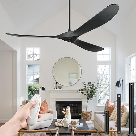 Ceiling Fans Without Light, 84 Inch Outdoor Fan No Light, Black Ceiling Fan with Remote, 3 Solid Wood Blades, Quiet Motor, High CFM, Propeller Large Ceiling Fan for Patios,Black