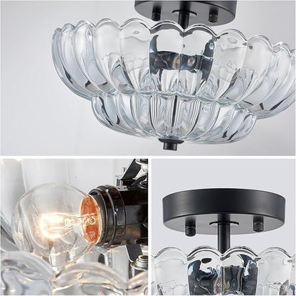 XINGQI 11.8" Semi Flush Mount Ceiling Light Fixture Modern Black 3-Light Scalloped Glass Close to Ceiling Lighting for Living Room Entryway Bedroom Closet Hallway (Bulb Not Included)