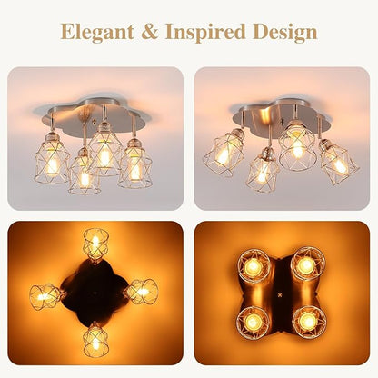 4-Lights Kitchen Light Fixtures Ceiling Mount, Adjustable Multi-Directional Brushed Nickel Flush Mount Ceiling Light, Vintage Metal Cage Farmhouse Lamp for Hallway, Dining Room, Foyer, Entryway