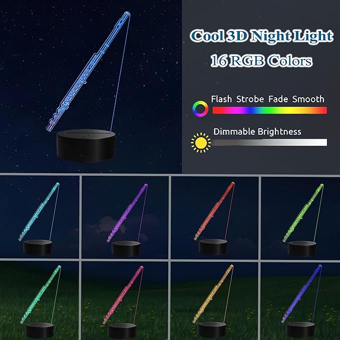 Flute Night Light, Flute Gifts, 3D Illusion Lamp with Remote Control, 16 RGB Colors, 4 Flashing Modes, Timer, Dimmable, Flute Instruments Accessories for Holiday Birthday Christmas
