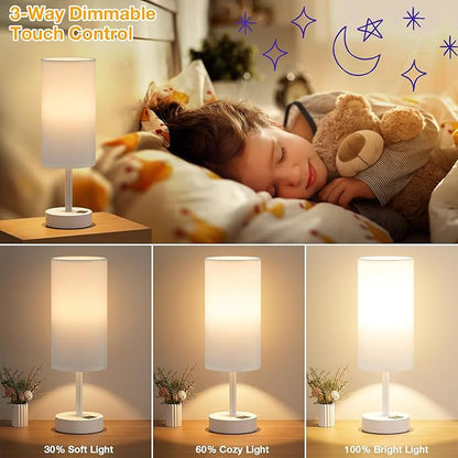 Dicoool White Touch Bedside Lamp for Bedroom - 3 Way Dimmable Table Lamp with USB, Nightstand Lamp with White Charging Station for Desk Dorm, Girl Kids Room, Small