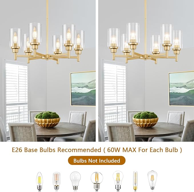 Modern Gold Chandeliers for Dining Room, 6-Light Chandelier Light Fixture with Clear Glass Shades, Metal Hanging Pendant Lighting for Living Room, Kitchen, Staircase, Entryway