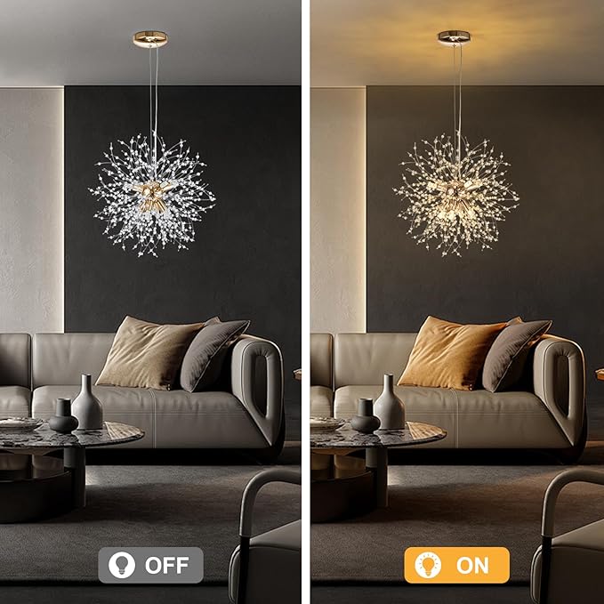 SineRise Modern Crystal Chandeliers Firework, Crystal Light Fixture, Dandelion Chandelier (8-Light, Gold) for Foyer Hallway Entryway Kitchen Bedroom with Plug in