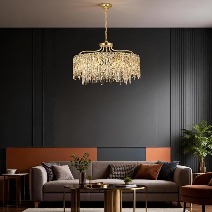 10 Lights Modern Gold Crystal Chandeliers for Dining Room Light Fixture | D28 Round Crystal Chandelier Over Table | Hanging Lighting for Living Room Kitchen Island Bedroom Bathroom