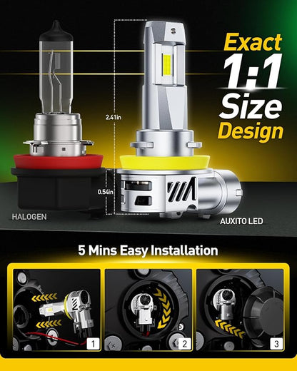 AUXITO H11/H8/H16 LED HeadIight Bulbs Fog Bulbs 40,000LM Per Set, 6500K Cool White, Plug & Play, CAN Bus Ready, 2 Pack