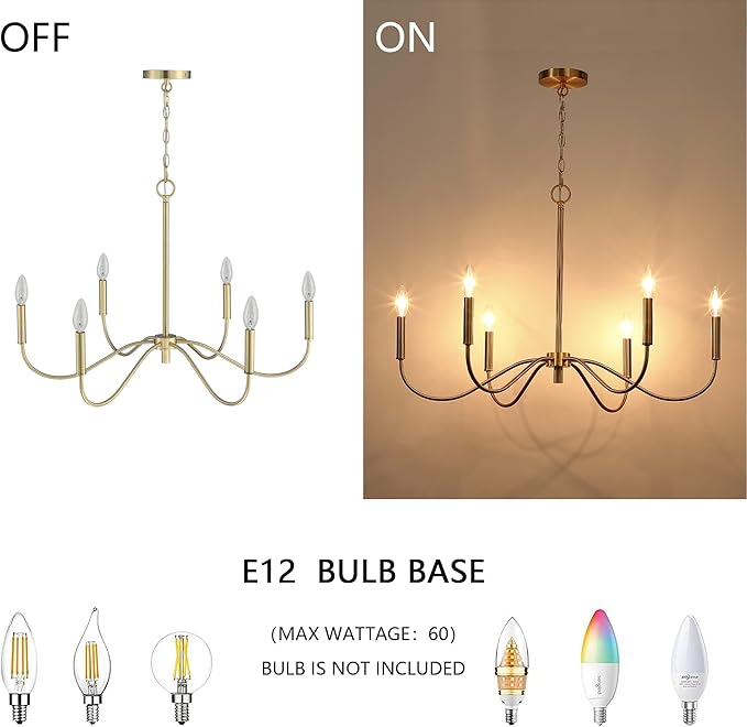 6-Light Gold Chandelier, Modern Gold Pendant Light, Adjustable Height Farmhouse Chandelier, Ceiling Light Fixture for Dining Room Bedroom Foyer Living Room Kitchen Island