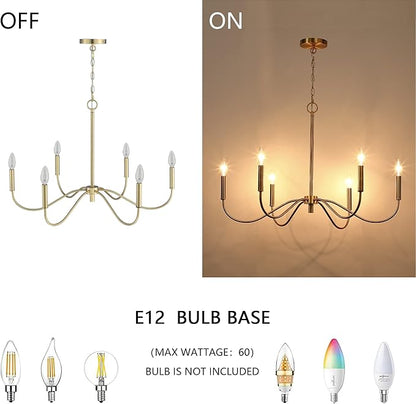 6-Light Gold Chandelier, Modern Gold Pendant Light, Adjustable Height Farmhouse Chandelier, Ceiling Light Fixture for Dining Room Bedroom Foyer Living Room Kitchen Island