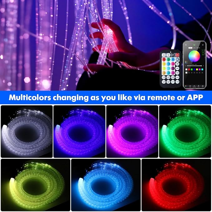 AZIMOM 50pcs 9.8ft Side Glow Fiber Optic Sensory Light for Autism Room,16W Twinkle&Sound Activated Light Box,Fiber Optic Curtain 3x0.75mm Flash Point Light Up Cable