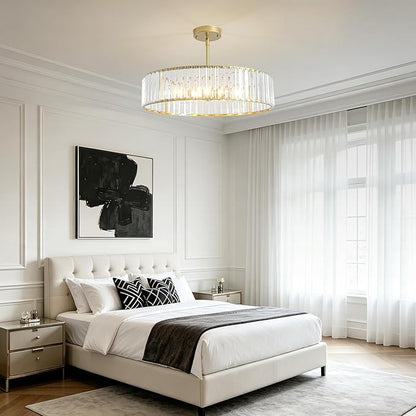 5-Light Gold Crystal Chandelier for Dining Room, Modern Semi Flush Mount Chandelier Lighting Fixtures, Round Kitchen Hanging Drum Pendant Lights Ceiling for Living Room Bedroom Entryway Foyer， 20 Inch