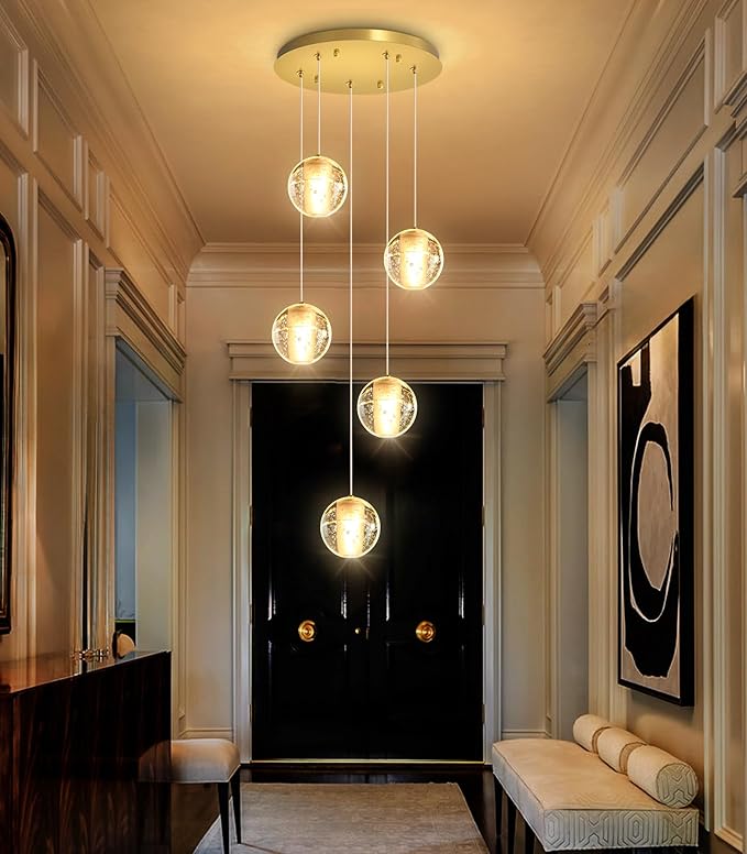 HAIXIANG 5 Lights Globe Chandelier Modern Crystal Glam Light LED Warm Light Pendant Lights for Dining Room Kitchen Island Antique Gold Lighting Fixture