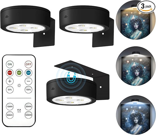 3Pcs Picture Lights for Wall Battery Operated, Magnetic Led Painting Light with Remote Dimmable and Timer, 3 Lighting Modes Art Display Light for Picture Frame, Wireless Wall Decor Puck Lights, Black