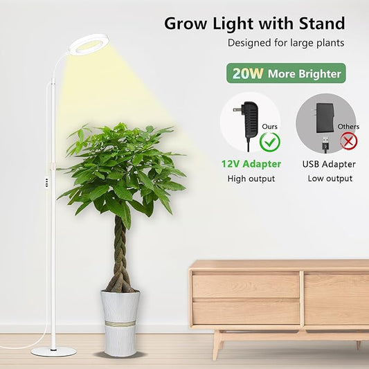 Grow Light for Indoor Plants, Full Spectrum LED Tall Plant Lights with Timer, Standing Floor Growing Lamp, Height Adjustable for Large Plants (White)