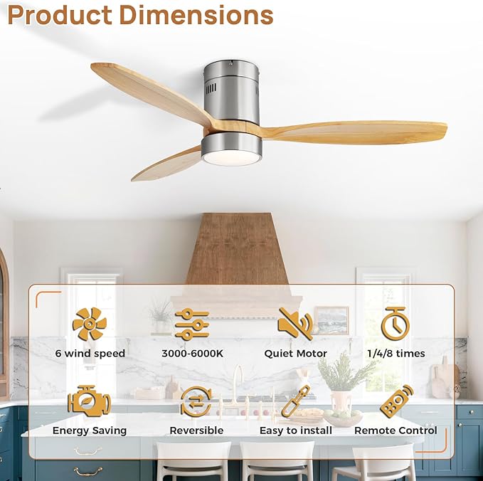 Sofucor 52 Inch Smart Ceiling Fans with Light-Modern Solid Wood Outdoor 3 Blades Ceiling Fan with Light Alexa/Google/APP/Remote Control for Bedroom Living Room Farmhouse,Brushed Nickel&Natural Wood