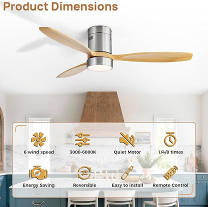 Sofucor 52 Inch Smart Ceiling Fans with Light-Modern Solid Wood Outdoor 3 Blades Ceiling Fan with Light Alexa/Google/APP/Remote Control for Bedroom Living Room Farmhouse,Brushed Nickel&Natural Wood