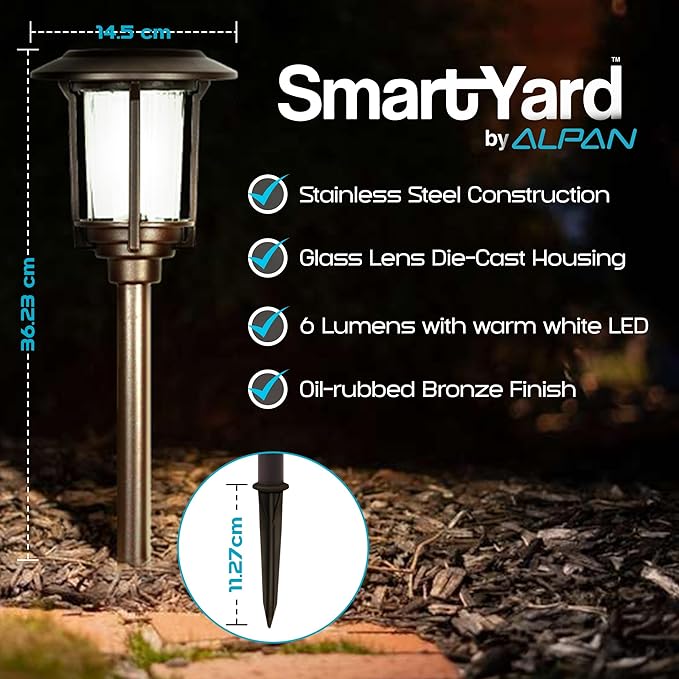 Solar Pathway Lights Outdoor - Pack of 6, 6 Lumens Warm White LED, Bronze Aluminum & Stainless Steel Weather-Resistant Outdoor Solar Lights for Yard, Garden, Walkway Lighting - Easy Stake Installation