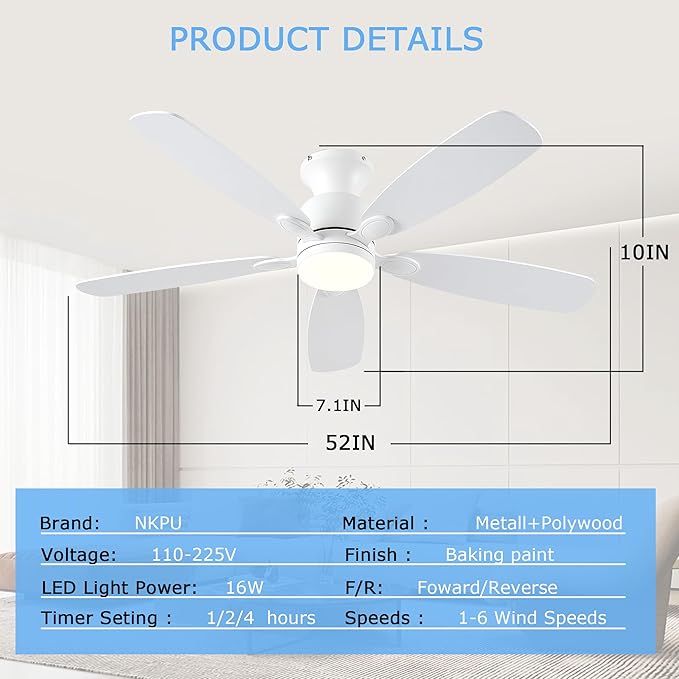 NKPU 52inch Ceiling Fans with Lights, Low Profile White Ceiling Fan with Light and Remote/APP Control, DC Reversible Motor, Noiseless, Flush Mount Ceiling Fan for Bedroom Living Room Patios