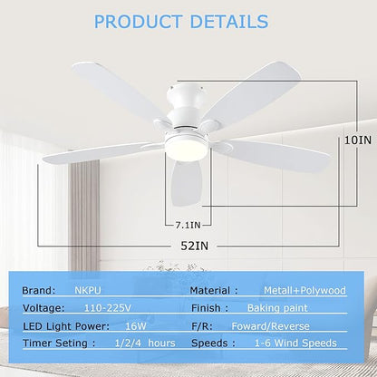 NKPU 52inch Ceiling Fans with Lights, Low Profile White Ceiling Fan with Light and Remote/APP Control, DC Reversible Motor, Noiseless, Flush Mount Ceiling Fan for Bedroom Living Room Patios