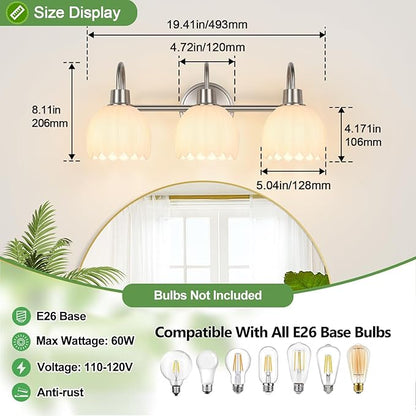 Bathroom Light Fixtures, 3-Light Brushed Nickel Bathroom Vanity Light Over Mirror with White Tulip Glass Shades, Vanity Light Fixture for Bedroom, Living Room & Hallway (Bulbs Not Included)
