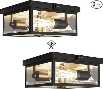 Outdoor Ceiling Light with Motion Sensor, Flush Mount Porch Light, Exterior Light Fixture with Clear Glass, Dusk to Dawn 2-Light Fixture for Patio,Porch (8.5in 2Pack)