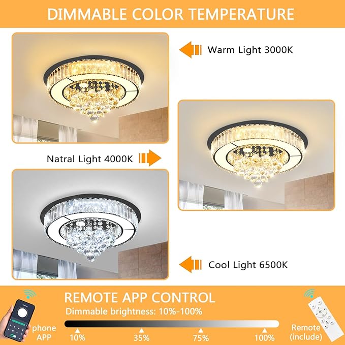 19.6" Black Modern Crystal Chandeliers for Dining Room LED Dimmable Light Fixtures Flush Mount Light Living Room Bedrooms