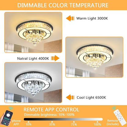 19.6" Black Modern Crystal Chandeliers for Dining Room LED Dimmable Light Fixtures Flush Mount Light Living Room Bedrooms