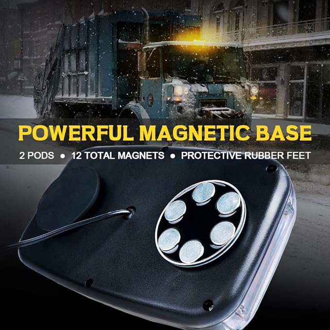 Xprite COB LED White Amber/Yellow Roof Top Warning Strobe Light 19 Flash Modes w/Magnetic Base Mini Beacon Lights Bar for 12V Hazard Emergency Construction Vehicles Snow Plow Trucks Bus