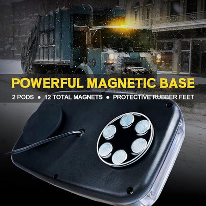 Xprite COB LED White Amber/Yellow Roof Top Warning Strobe Light 19 Flash Modes w/Magnetic Base Mini Beacon Lights Bar for 12V Hazard Emergency Construction Vehicles Snow Plow Trucks Bus