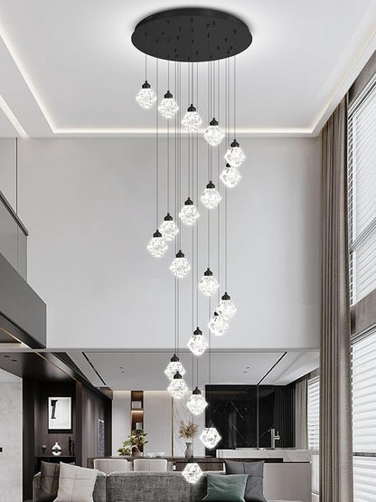 20-Light Chandelier Staircase Chandeliers for High Ceilings Crystal Chandeliers for Living Room Black Pendant Light Fixture Dimmable LED Hanging Light with Remote