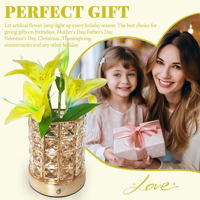 Lily Flower Lamps, Rechargeable Cordless Small Desk Lamp, 3 Colors Dimmable Artificial Flowers Night Light, Fake Bouquet 3 Lilies with Crystal Vase for Home Date Party Decoration (Yellow - Lily)