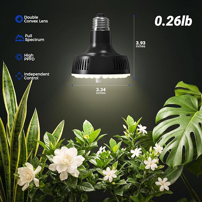 Barrina Orbgrow OG11A Grow Light Bulbs for Indoor Plants, Integrated Dimming & Timing, 4000K 11W(100 Watt Equiv), E26 Plant Light Bulb, Full Spectrum, High PPFD for Seeds and Greens, 1 Pack, Black