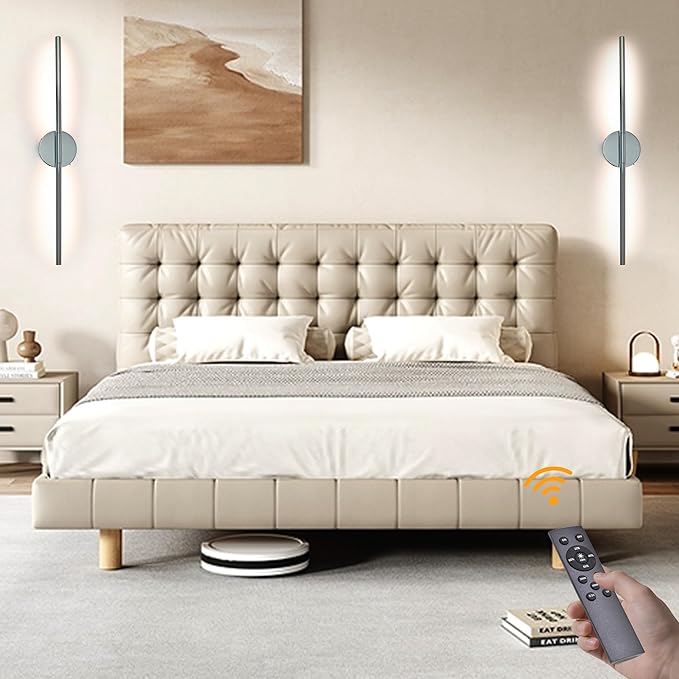 Wireless Wall Sconces Set of 2 ，20Inch Battery Operated Wall Lights with Remote Control，360°Rotate Dimmable led Wall Lamps for Living Room and Bedroom (Chrome)