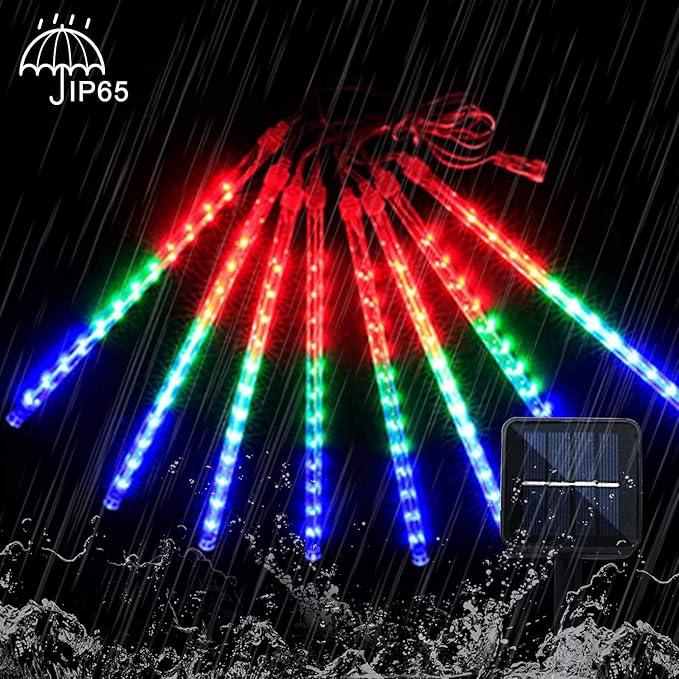 JMEXSUSS 2 Pack Solar Meteor Shower Lights, 16 Tube 288 LED Multicolor Meteor Christmas Lights, Solar Christmas Lights Outdoor Waterproof for Tree Christmas Decorations