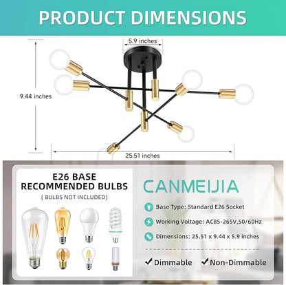 CANMEIJIA Sputnik Chandelier Modern Ceiling Light Fixture with 6 Lights Black Gold Mid Century Mount Ceiling Lights Fixture for Bedroom, Dining Room, Living Room, Kitchen, E26 Base, Bulbs Not Included