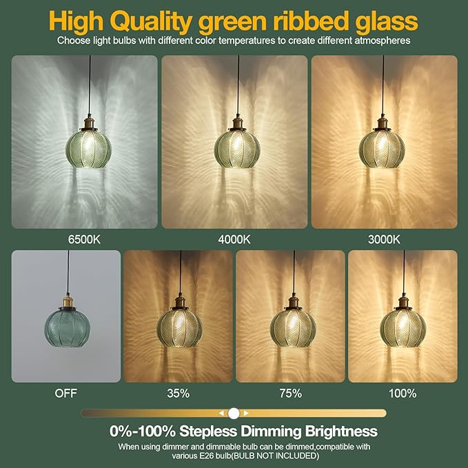 7.8in Vintage Pendant Light 1- Light Kitchen Sink Pendant Lights with Green Hand Blown Glass Small Hanging Lamp for Kitchen Island Dining Room Bedroom Bathroom Hallway E26