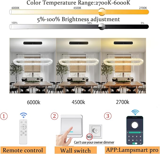 Large Led Ring Chandelier for Living Room Modern 55in Black Linear Oval Chandeliers Over Table Crystal Ring Pendant Light for Dining Room Dimmable 3000K-6000K