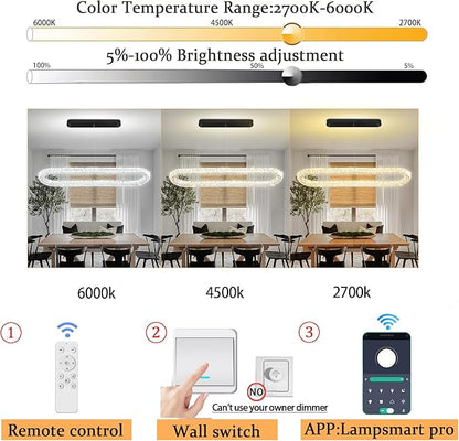 Large Led Ring Chandelier for Living Room Modern 55in Black Linear Oval Chandeliers Over Table Crystal Ring Pendant Light for Dining Room Dimmable 3000K-6000K
