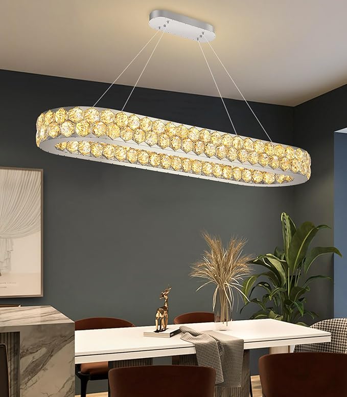 40'' Modern Oval Chandelier Crystal Chandeliers for Dining Room Round Ceiling Light Fixture for Living Room Lighting LED Dimmable with Remote Ring Lights Silver