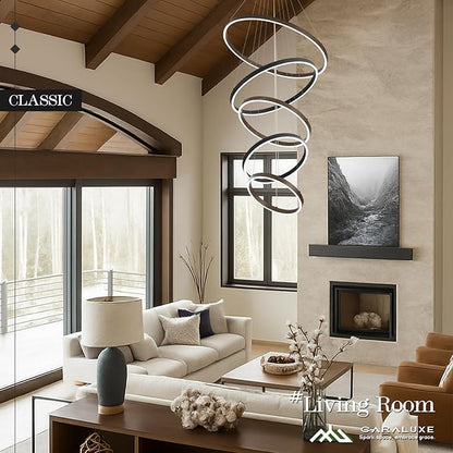 LED 5-Ring Chandelier for High Ceiling Foyer Chandelier with Remote Control Dimmable Circle Round Light Fixture Modern Wood & Black Ring Chandeliers for High Ceiling Living Room Entry, 100W