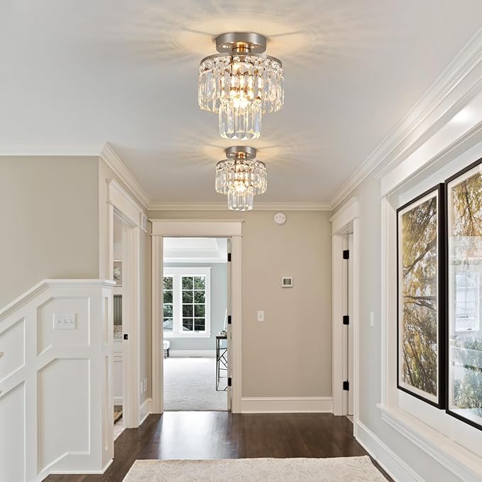 Crystal Ceiling Chandelier,Mini Chandelier Light Fixture with K9 Crystals,Brushed Nickel Finish for Living Room Entryway Bedroom Laundry Room,1-Light E26 Base