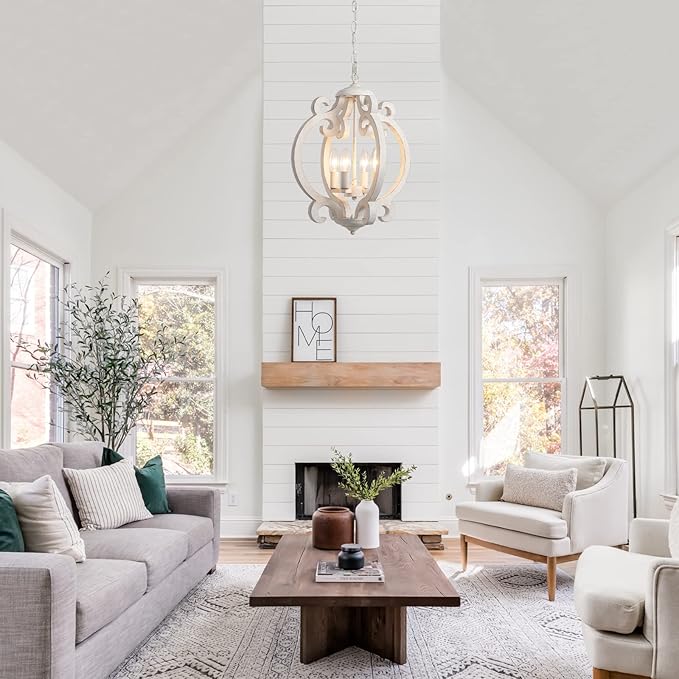Farmhouse Chandelier for Dining Room, French Country Chandelier Distressed White, 4-Light Rustic Wooden Chandelier, Cottage Antique Wood Hanging Light Fixture for Entryway Foyer Living Room Kitchen