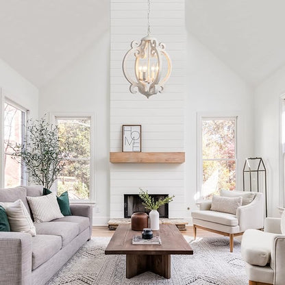 Farmhouse Chandelier for Dining Room, French Country Chandelier Distressed White, 4-Light Rustic Wooden Chandelier, Cottage Antique Wood Hanging Light Fixture for Entryway Foyer Living Room Kitchen