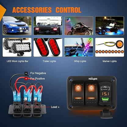 Nilight 2 Gang Rocker Switch Panel with PD Type C and USB Charger Voltmeter 12V SPST ON Off Togglr Switches Panel w/Orange Backlit Waterproof Aluminum for Boats Cars RVs Trucks